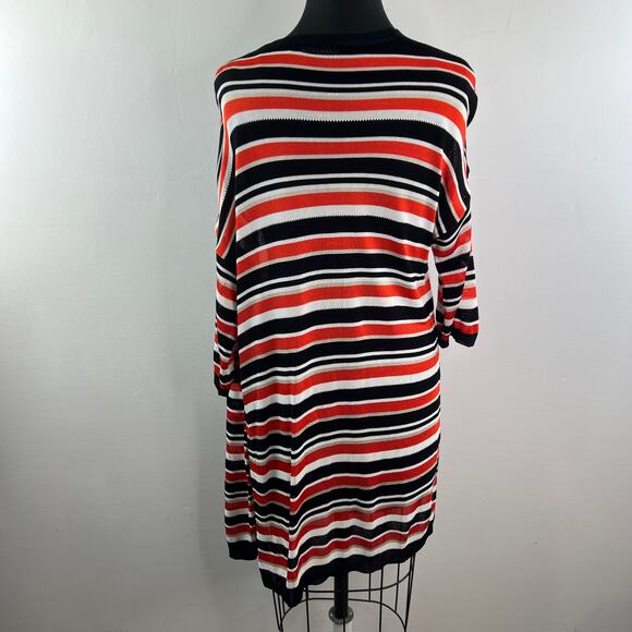 KAREN MILLEN Black Orange White Long Open Cardigan Stripe Side Slit Sz Medium M - Picture 10 of 12